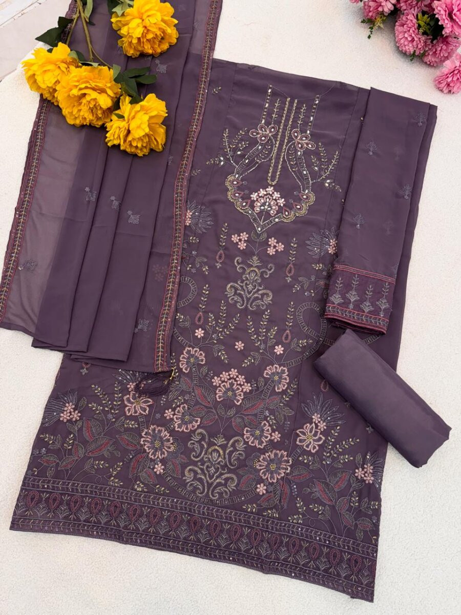 Lavender Georgette Embroidery Zari Sequins Wedding Festival Party Casual Pant Salwar Kameez