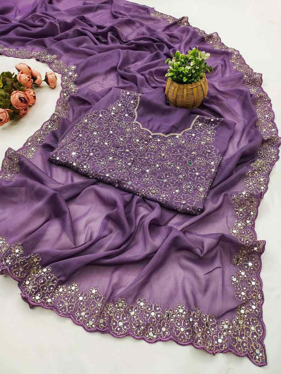 Lavender Georgette Silk Embroidery Traditional Casual Reception Festival Wedding Fancy Heavy Border Saree