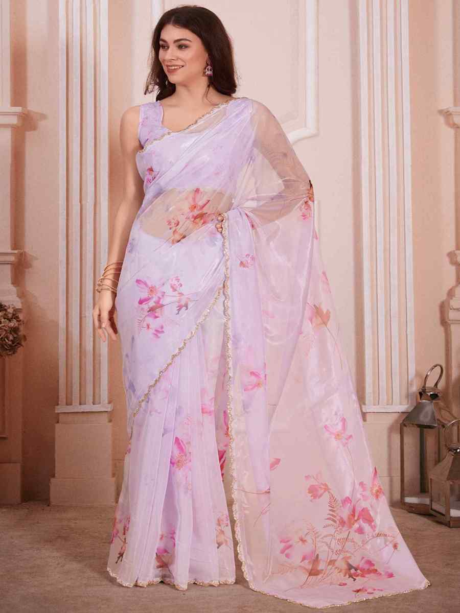 Lavender Glass Organza Printed Casual Festival Contemporary Saree