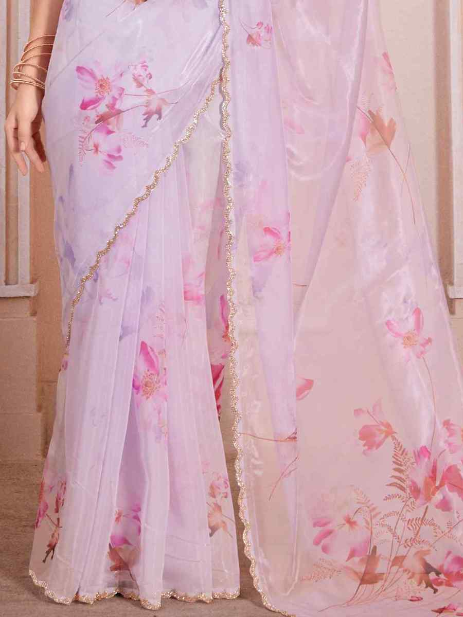 Lavender Glass Organza Printed Casual Festival Contemporary Saree