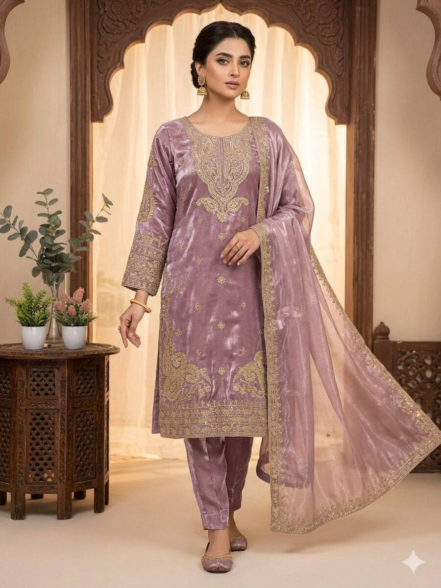 Lavender Glass Roman Silk Embroidery Sequins Zari Wedding Party Festival Casual Pant Salwar Kameez