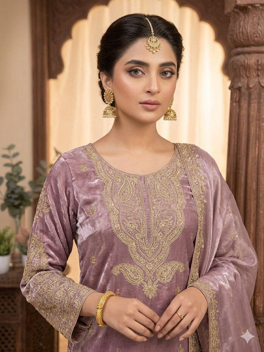 Lavender Glass Roman Silk Embroidery Sequins Zari Wedding Party Festival Casual Pant Salwar Kameez