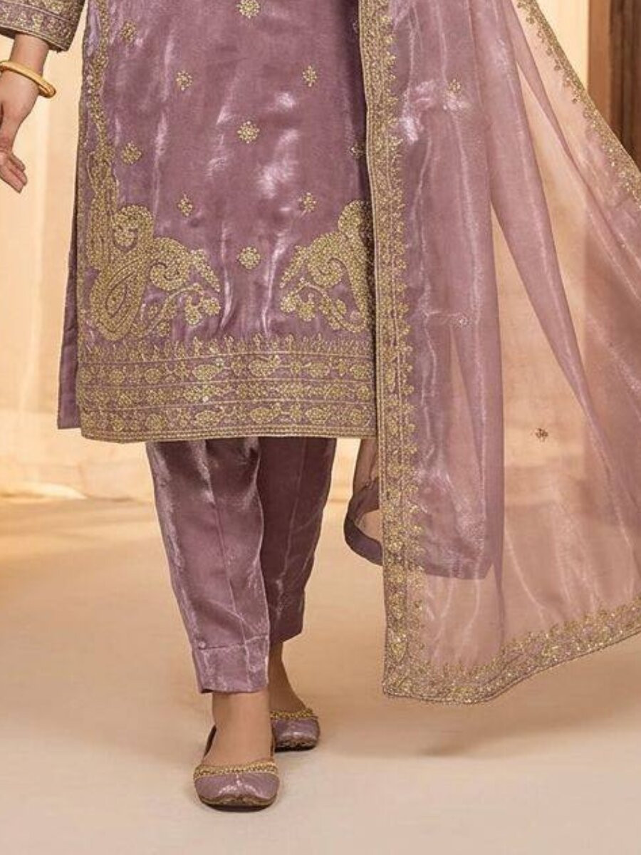 Lavender Glass Roman Silk Embroidery Sequins Zari Wedding Party Festival Casual Pant Salwar Kameez