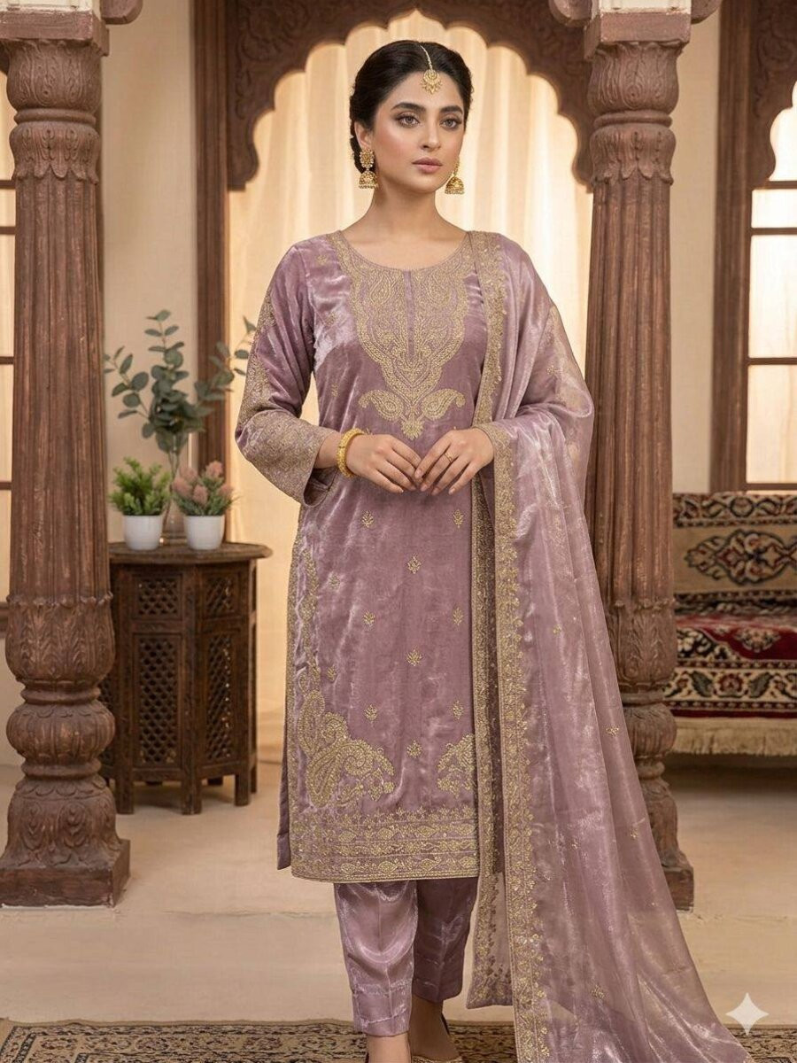Lavender Glass Roman Silk Embroidery Sequins Zari Wedding Party Festival Casual Pant Salwar Kameez