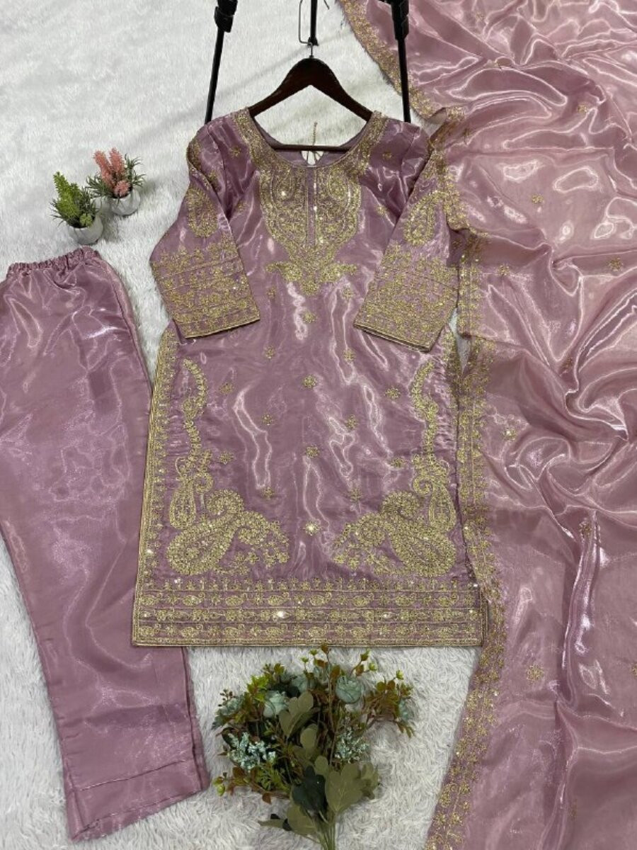 Lavender Glass Roman Silk Embroidery Sequins Zari Wedding Party Festival Casual Pant Salwar Kameez
