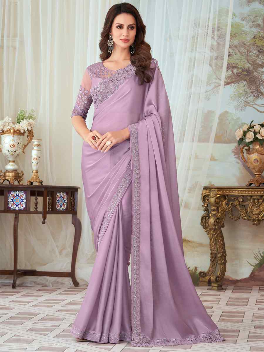 Lavender Glorious Silk Embroidered Party Festival Heavy Border Saree