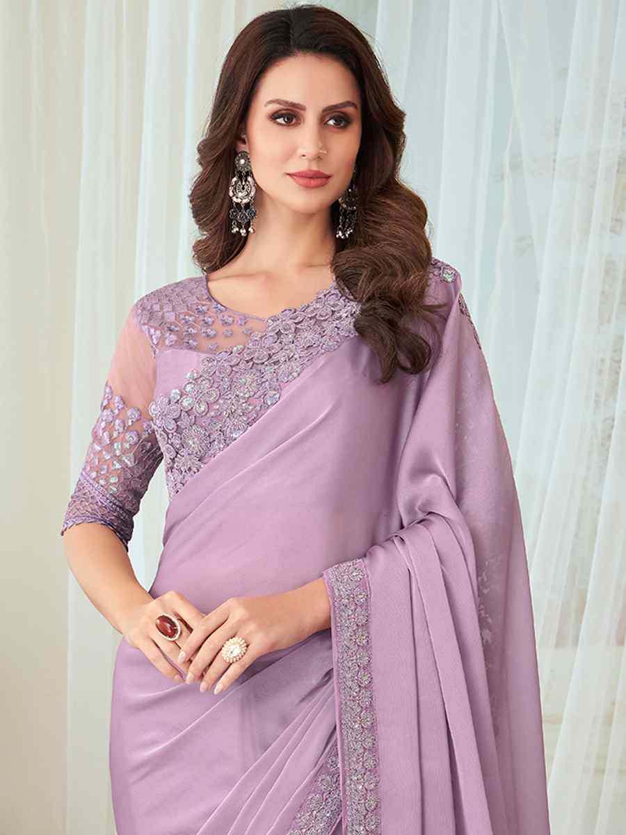 Lavender Glorious Silk Embroidered Party Festival Heavy Border Saree