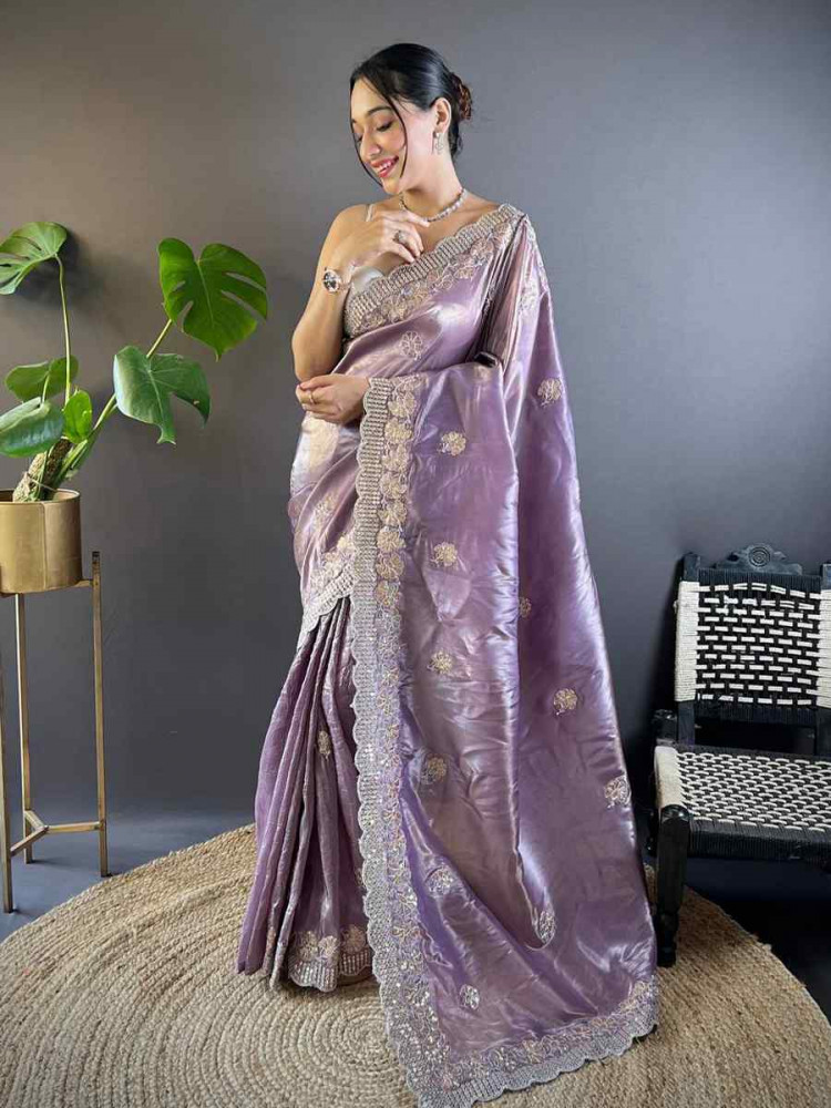 Lavender Gold Crunchy Embroidered Festival Wedding Fancy Heavy Border Saree