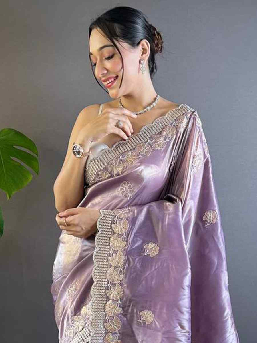Lavender Gold Crunchy Embroidered Festival Wedding Fancy Heavy Border Saree