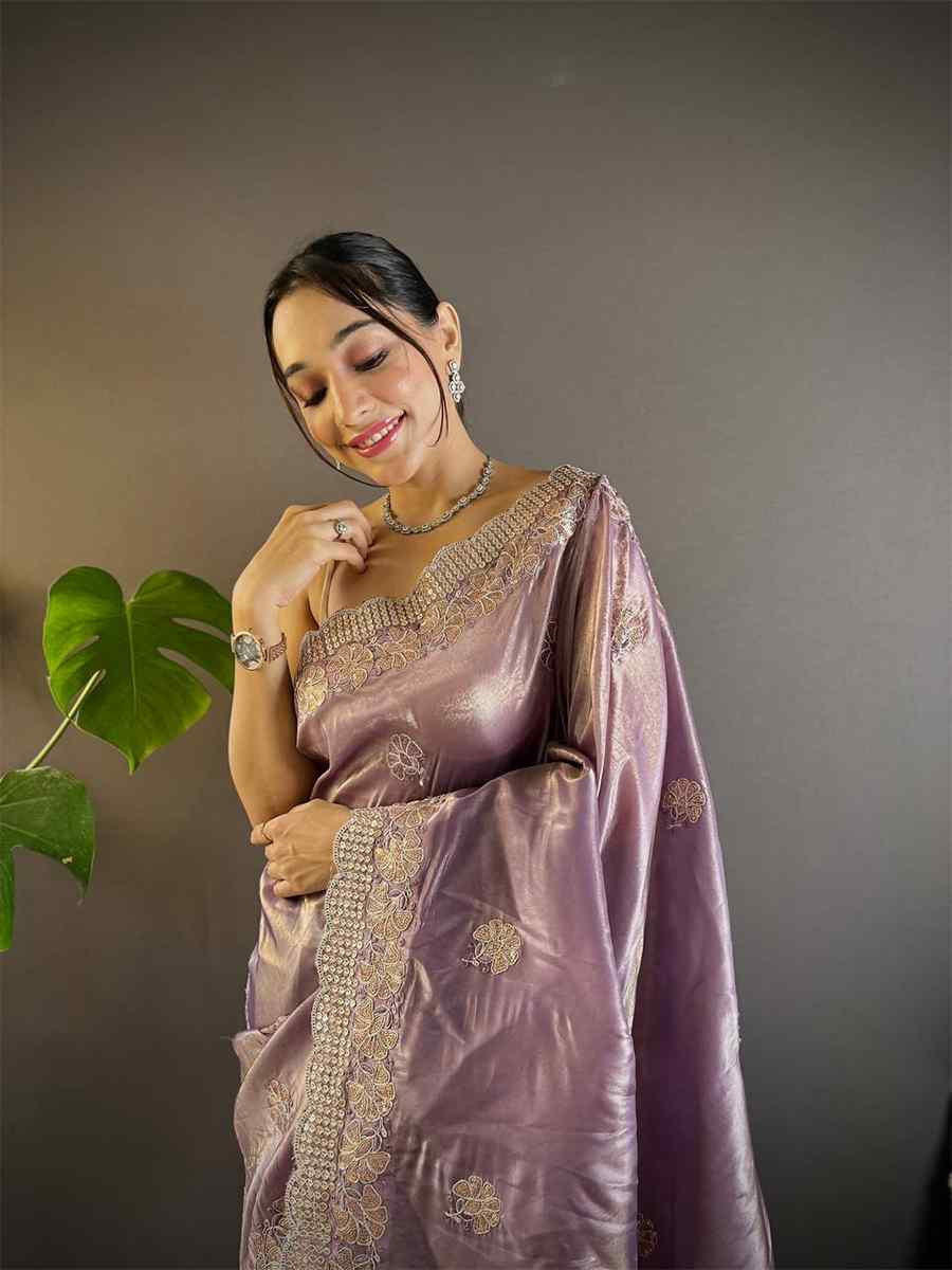 Lavender Gold Crunchy Embroidered Festival Wedding Fancy Heavy Border Saree