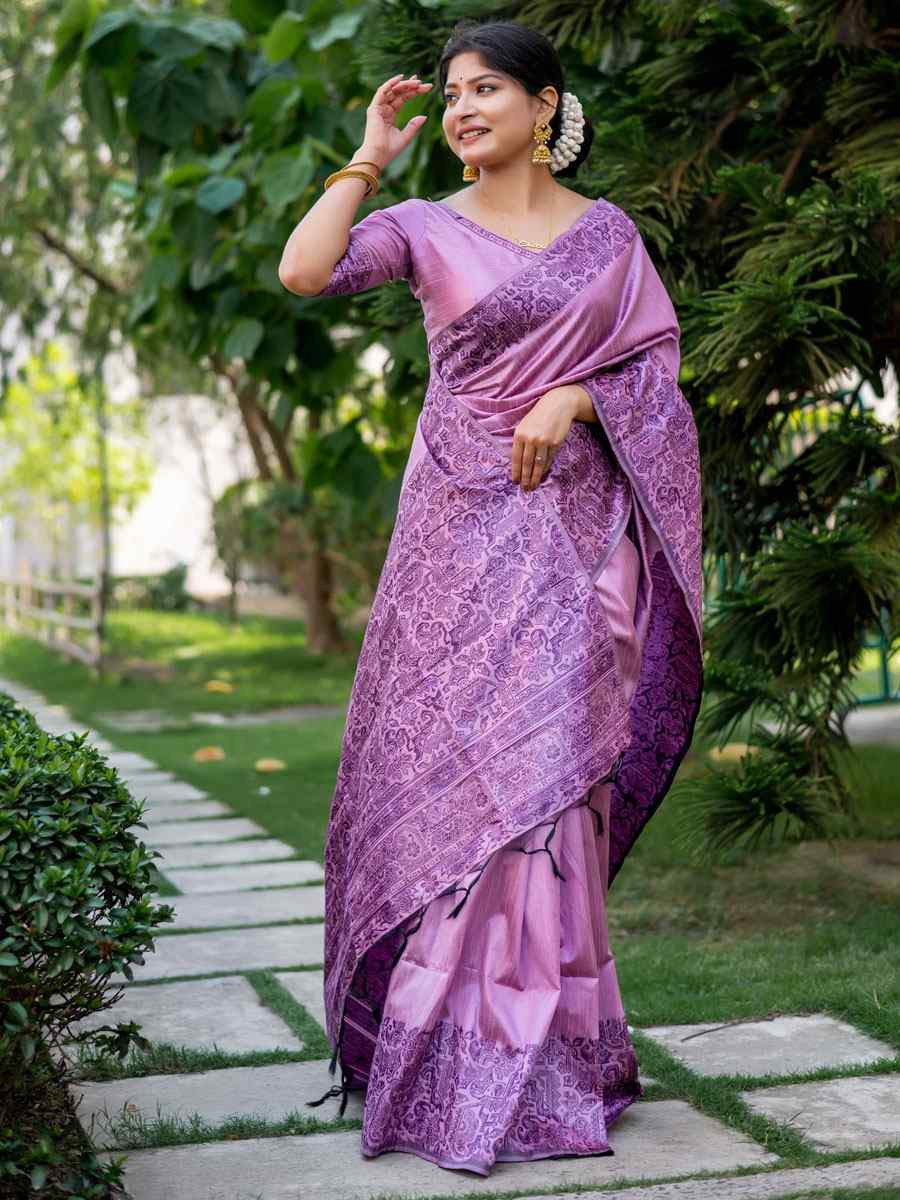 Lavender Handloom Raw Silk Handwoven Casual Reception Festival Wedding Fancy Classic Style Sarees