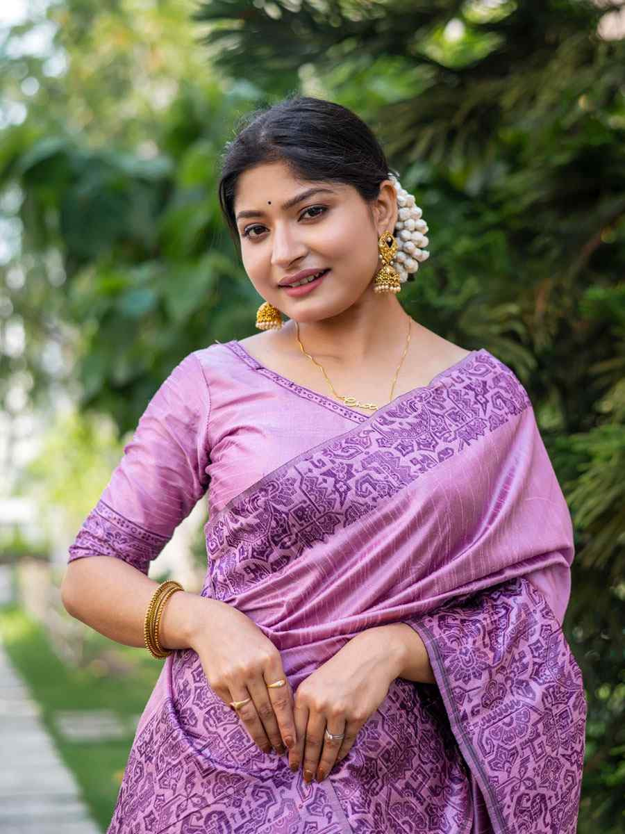 Lavender Handloom Raw Silk Handwoven Casual Reception Festival Wedding Fancy Classic Style Sarees