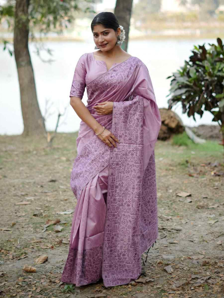 Image of Lavender Handloom Raw Silk Printed Festival Wedding Fancy Heavy Border Saree