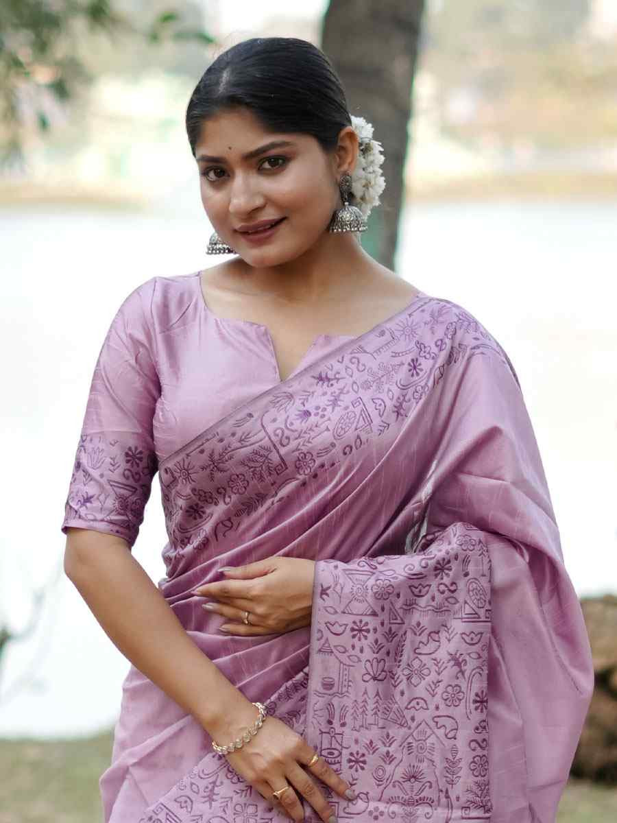 Lavender Handloom Raw Silk Printed Festival Wedding Fancy Heavy Border Saree