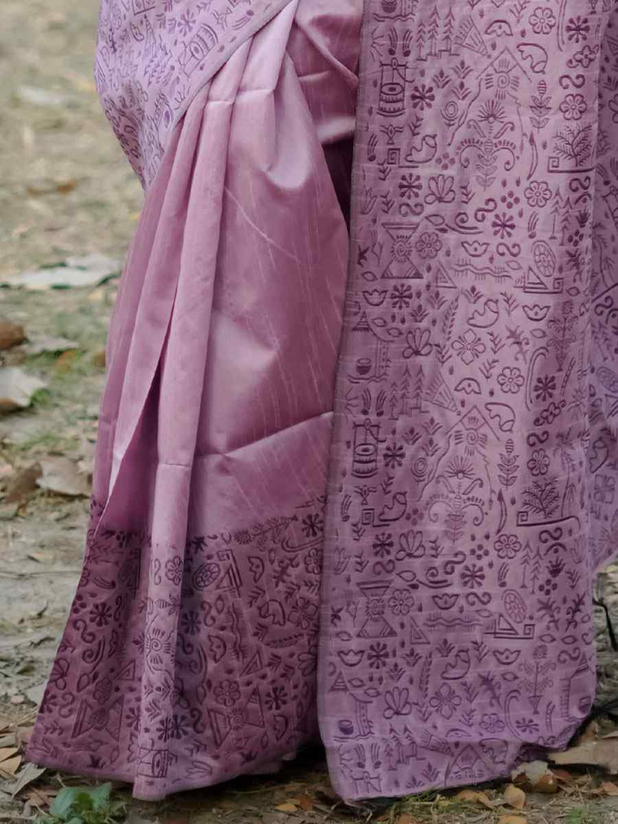 Lavender Handloom Raw Silk Printed Festival Wedding Fancy Heavy Border Saree