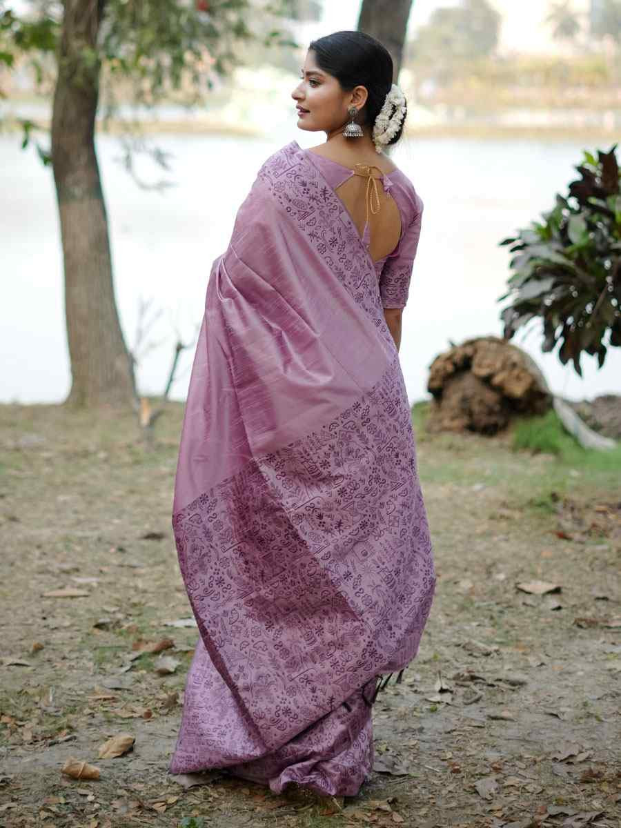 Lavender Handloom Raw Silk Printed Festival Wedding Fancy Heavy Border Saree