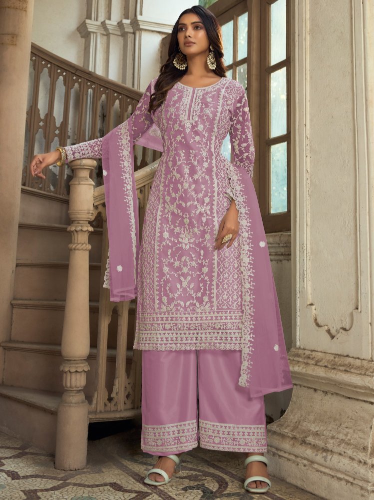 Lavender Heavy Butterfly Net Embroidered Festival Party Engagement Pant Salwar Kameez