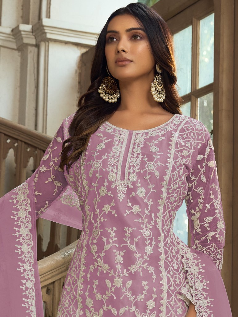 Lavender Heavy Butterfly Net Embroidered Festival Party Engagement Pant Salwar Kameez