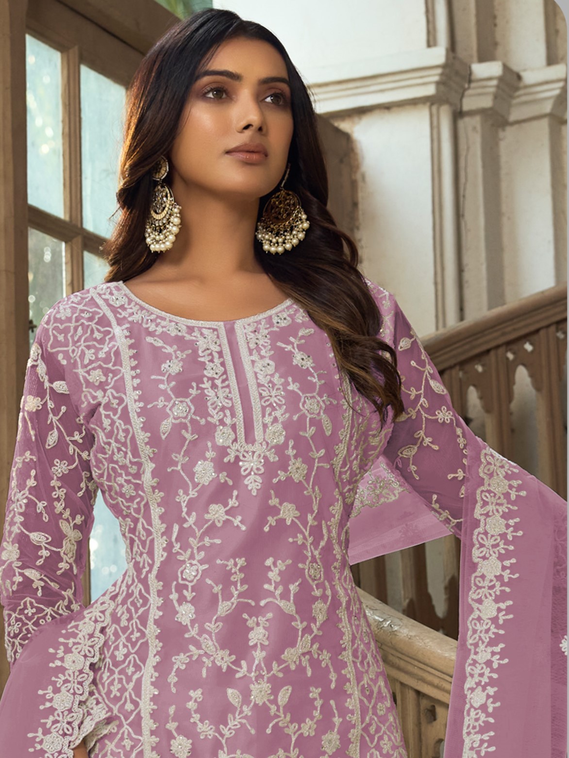 Lavender Heavy Butterfly Net Embroidered Festival Party Engagement Pant Salwar Kameez