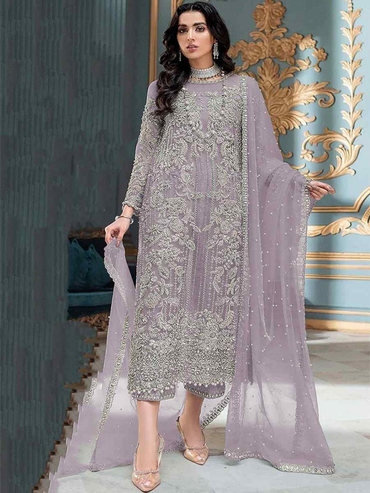 Lavender Heavy Butterfly Net Embroidered Festival Party Pant Salwar Kameez