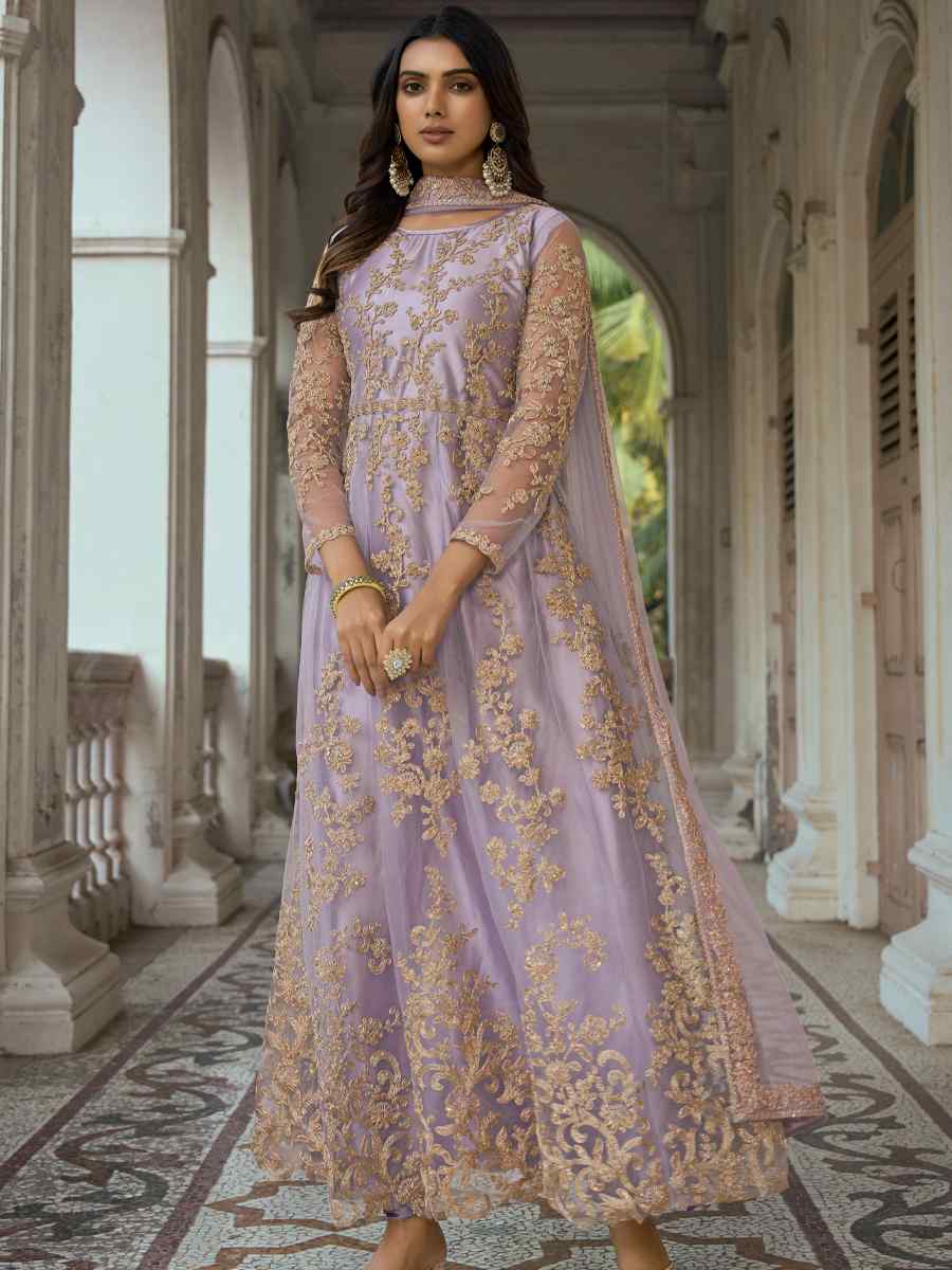Lavender Heavy Butterfly Net Embroidered Festival Wedding Anarkali Salwar Kameez