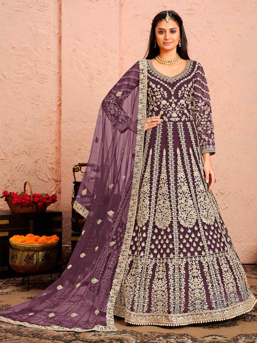 Lavender Heavy Butterfly Net Embroidered Wedding Anarkali Salwar Kameez