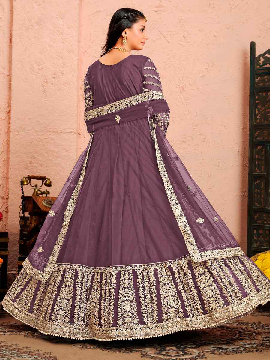 Lavender Heavy Butterfly Net Embroidered Wedding Anarkali Salwar Kameez