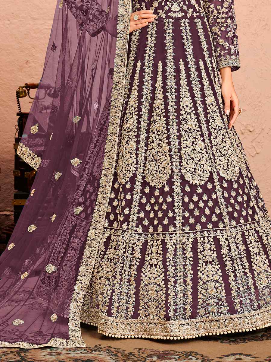 Lavender Heavy Butterfly Net Embroidered Wedding Anarkali Salwar Kameez