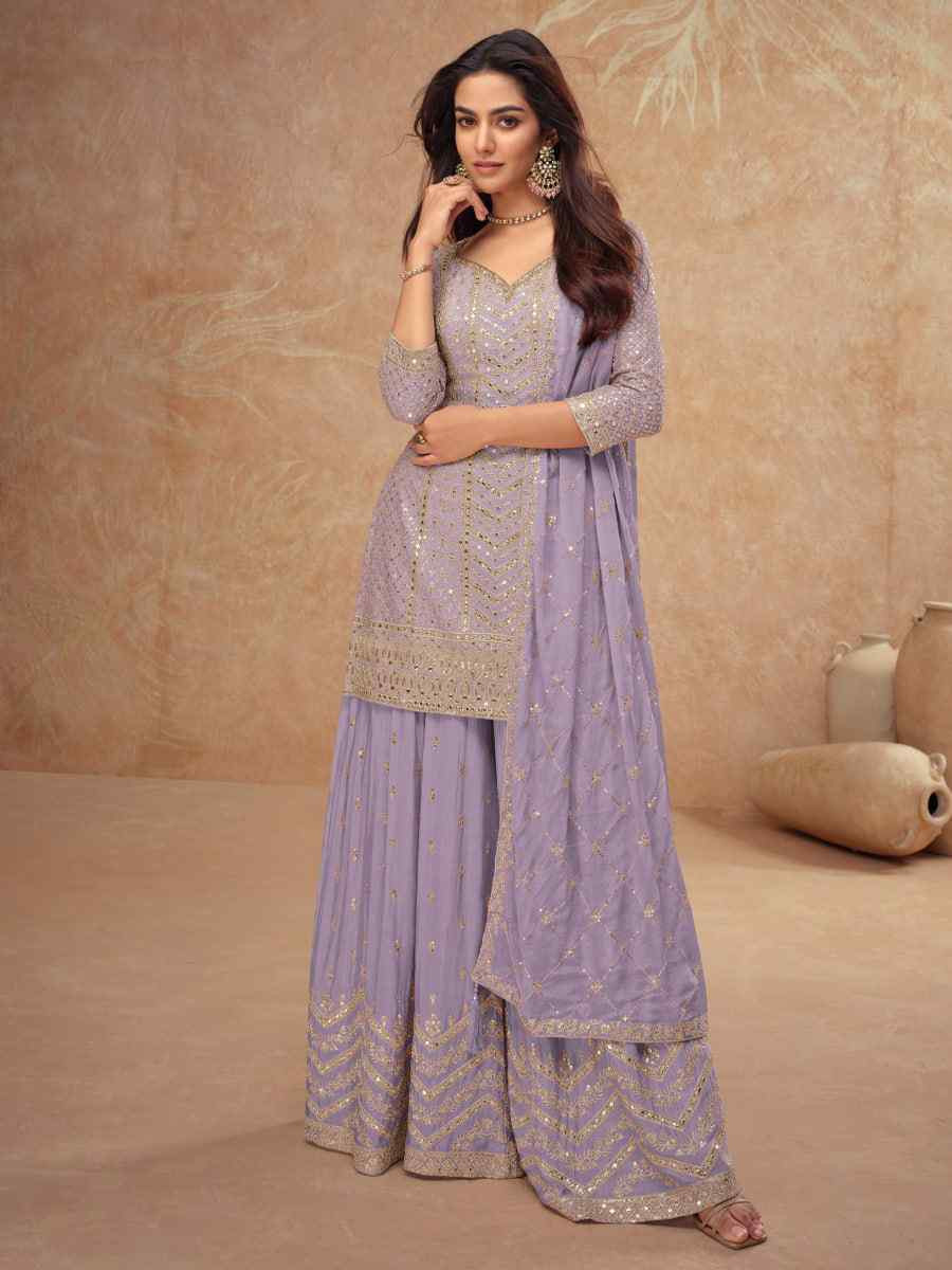 Lavender Heavy Chinon Embroidered Festival Casual Sharara Salwar Kameez