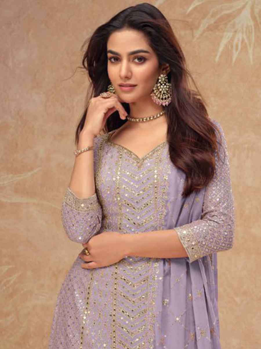 Lavender Heavy Chinon Embroidered Festival Casual Sharara Salwar Kameez