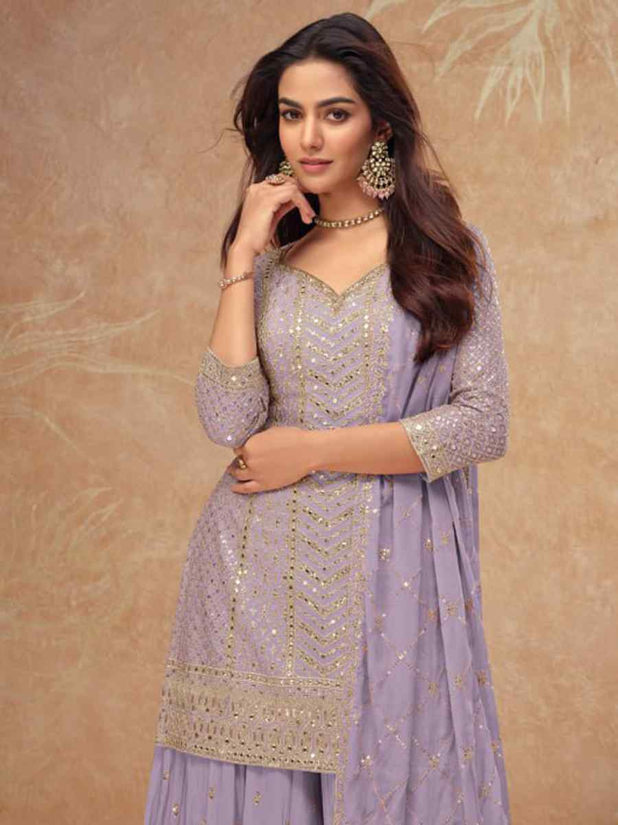 Lavender Heavy Chinon Embroidered Festival Casual Sharara Salwar Kameez