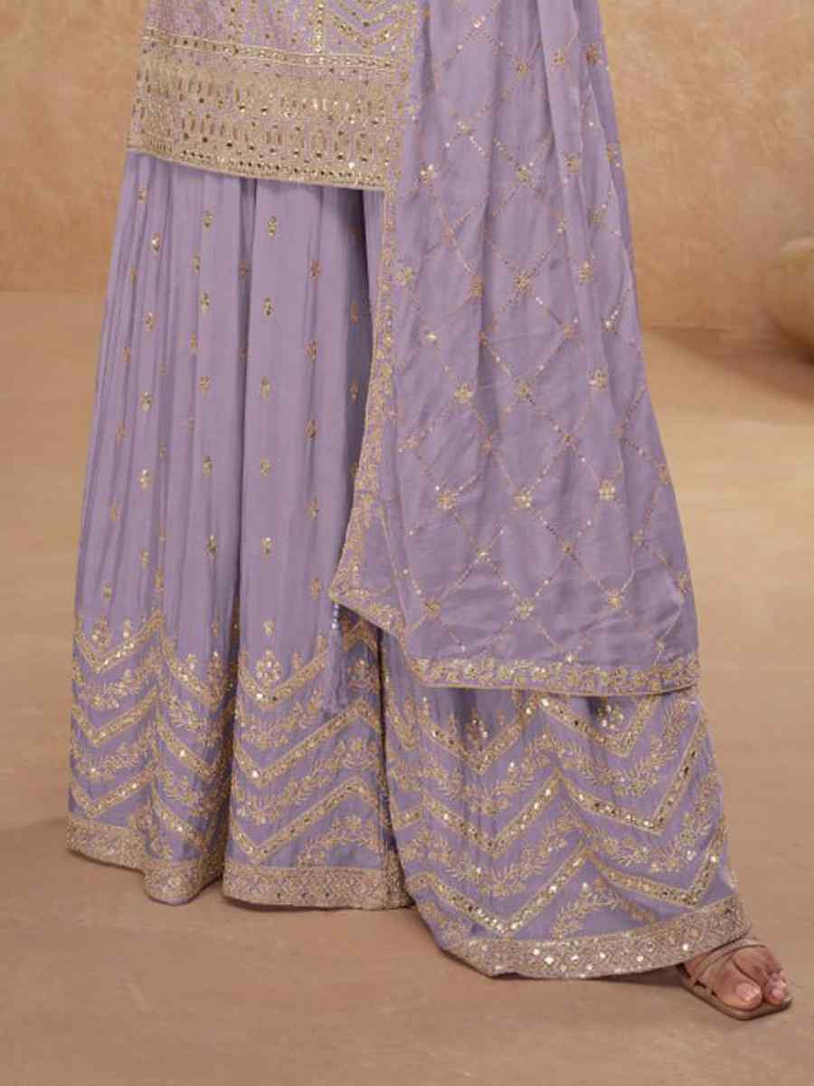 Lavender Heavy Chinon Embroidered Festival Casual Sharara Salwar Kameez