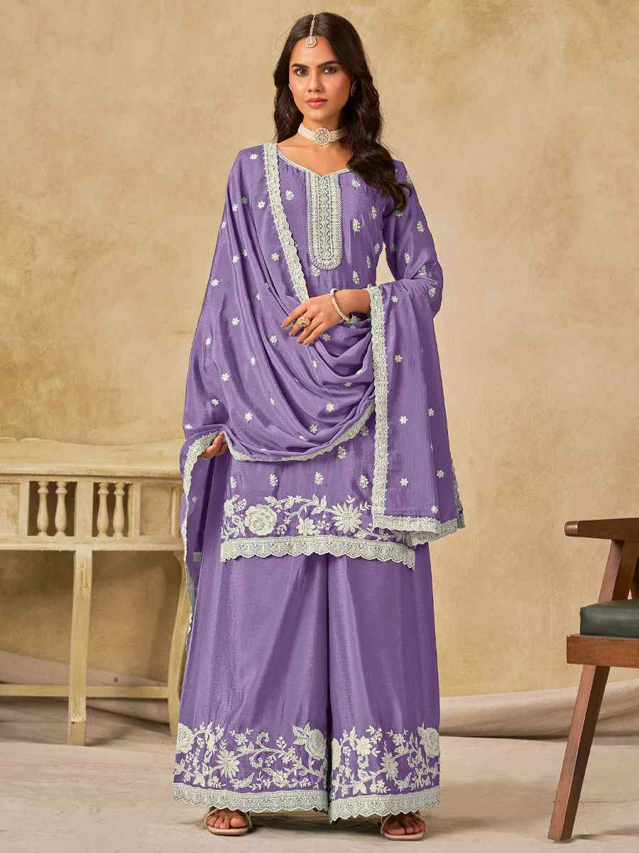 Lavender Heavy Chinon Embroidered Festival Wedding Palazzo Pant Salwar Kameez