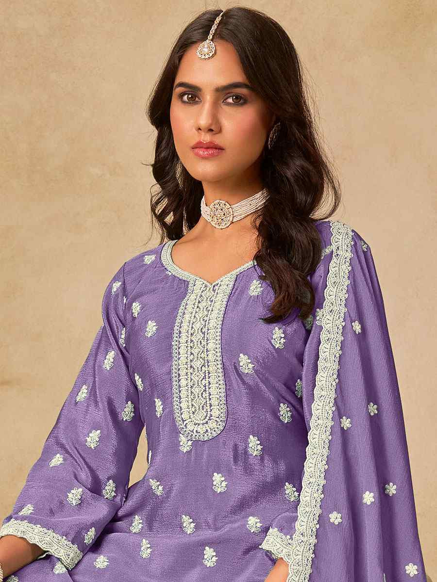 Lavender Heavy Chinon Embroidered Festival Wedding Palazzo Pant Salwar Kameez