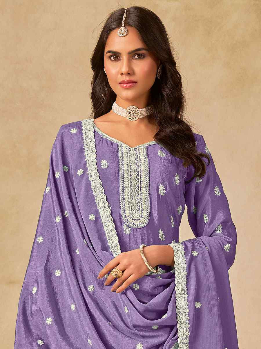 Lavender Heavy Chinon Embroidered Festival Wedding Palazzo Pant Salwar Kameez
