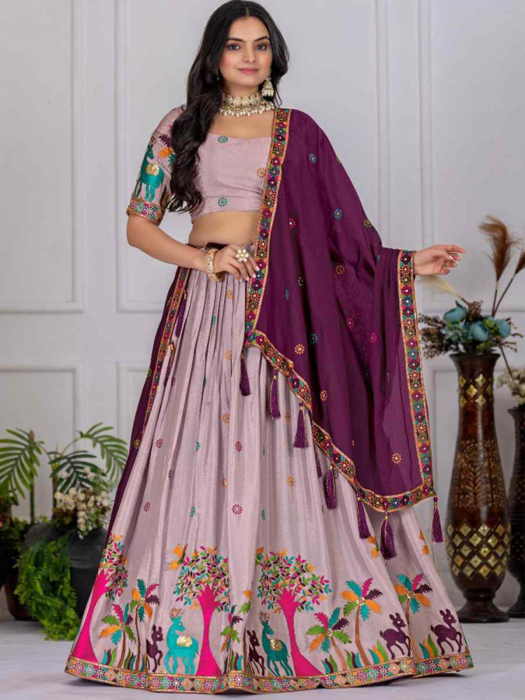 Image of Lavender Heavy Chinon Silk Embroidery Wedding Reception Festival Heavy Border Lehenga Choli
