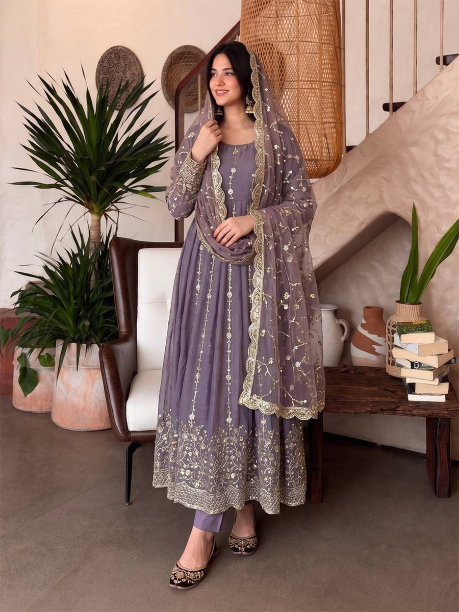 Lavender Heavy Fandy Silk Embroidery Sequins Zari Wedding Party Festival Casual Ready Anarkali Pant Salwar Kameez