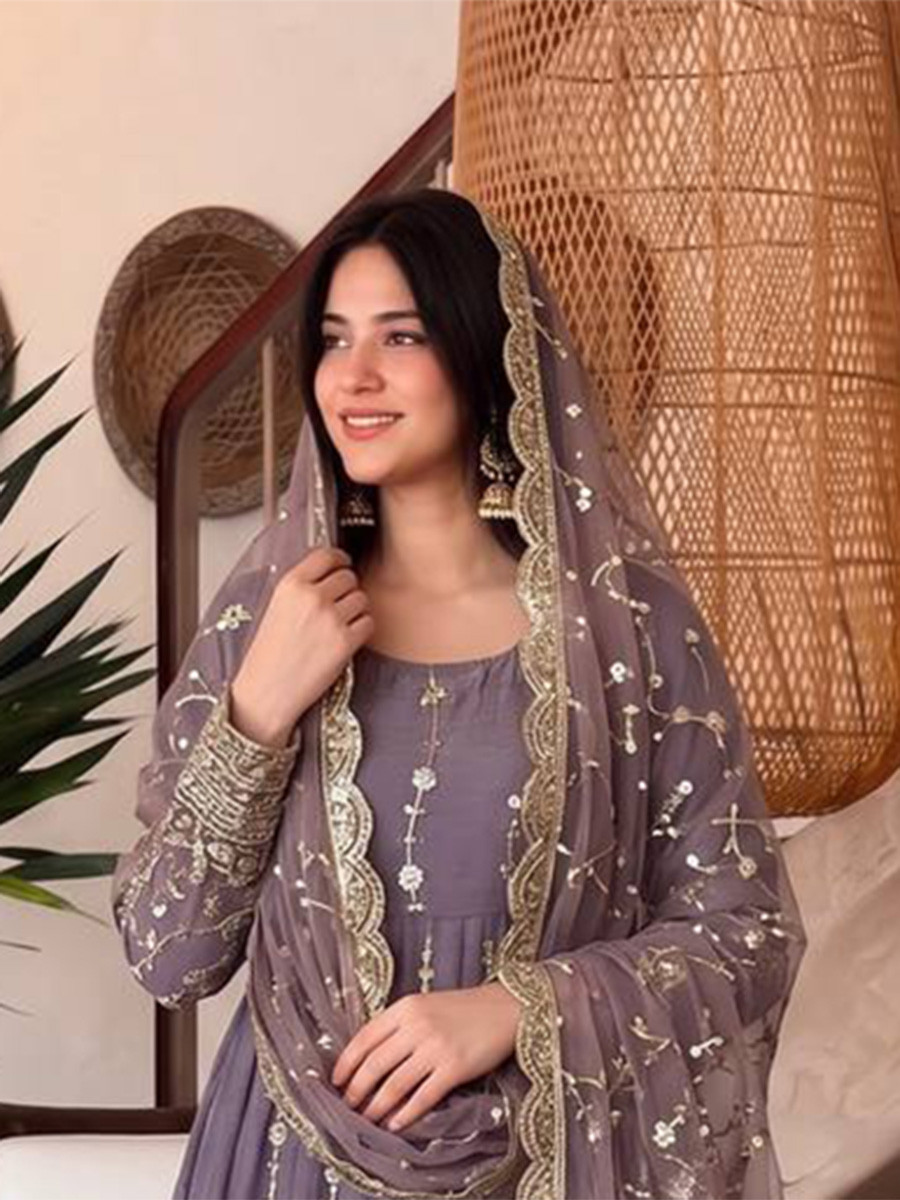 Lavender Heavy Fandy Silk Embroidery Sequins Zari Wedding Party Festival Casual Ready Anarkali Pant Salwar Kameez