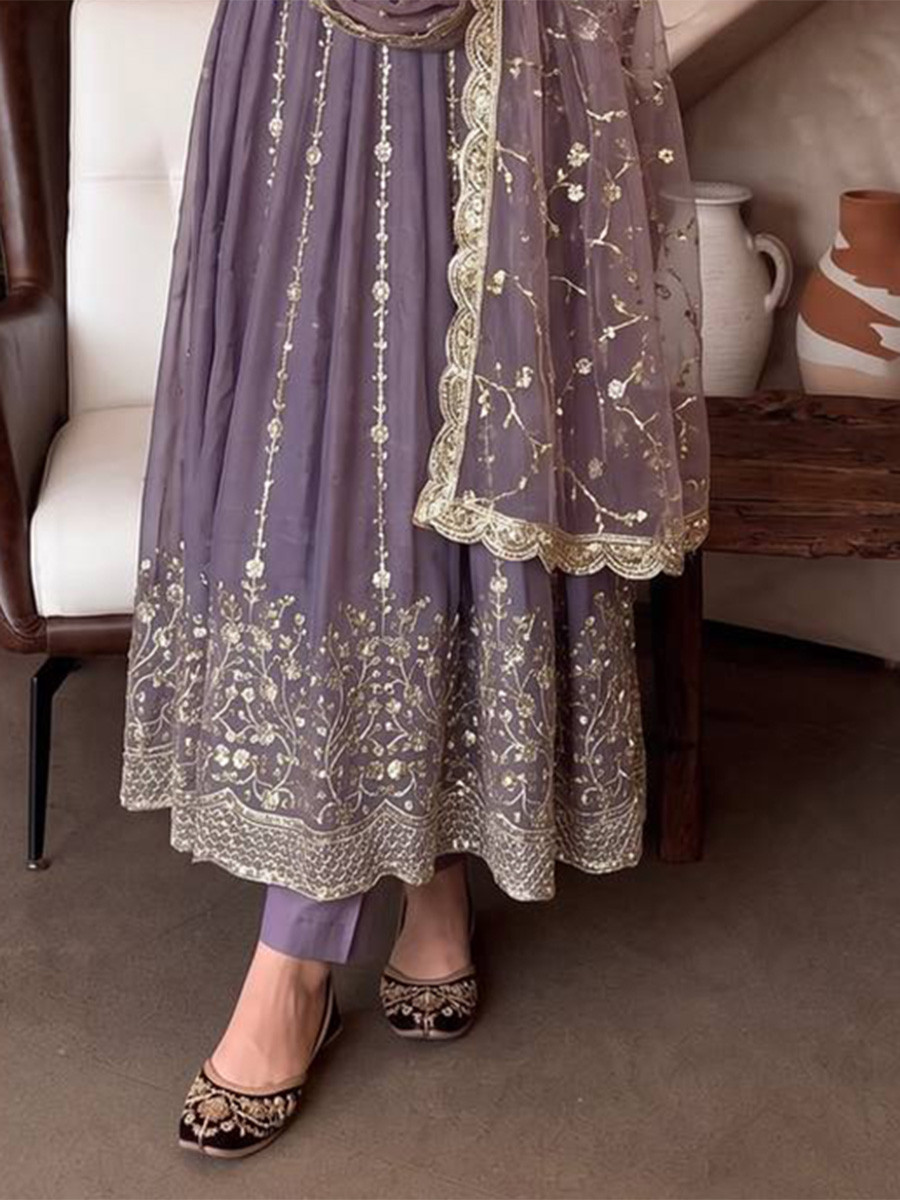 Lavender Heavy Fandy Silk Embroidery Sequins Zari Wedding Party Festival Casual Ready Anarkali Pant Salwar Kameez