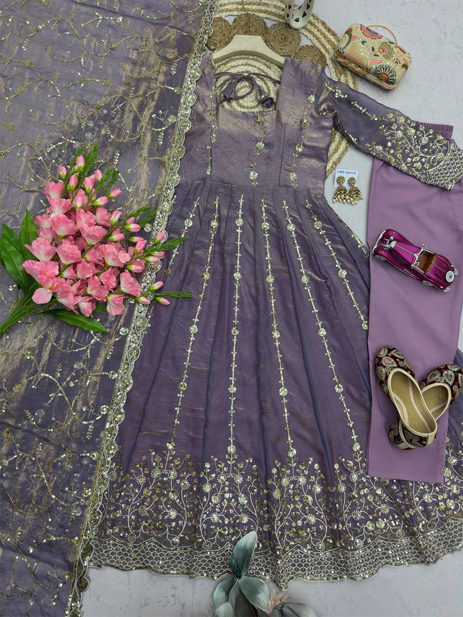 Lavender Heavy Fandy Silk Embroidery Sequins Zari Wedding Party Festival Casual Ready Anarkali Pant Salwar Kameez