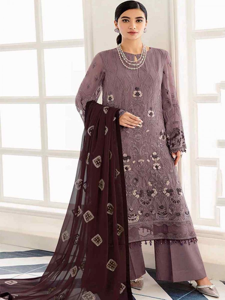 Lavender Heavy Faux Georgette Embroidered Festival Mehendi Pant Salwar Kameez