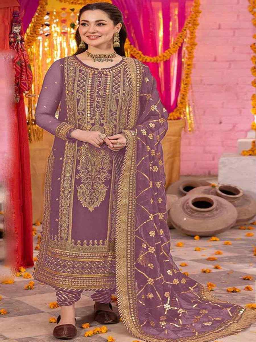 Lavender Heavy Faux Georgette Embroidered Festival Mehendi Pant Salwar Kameez