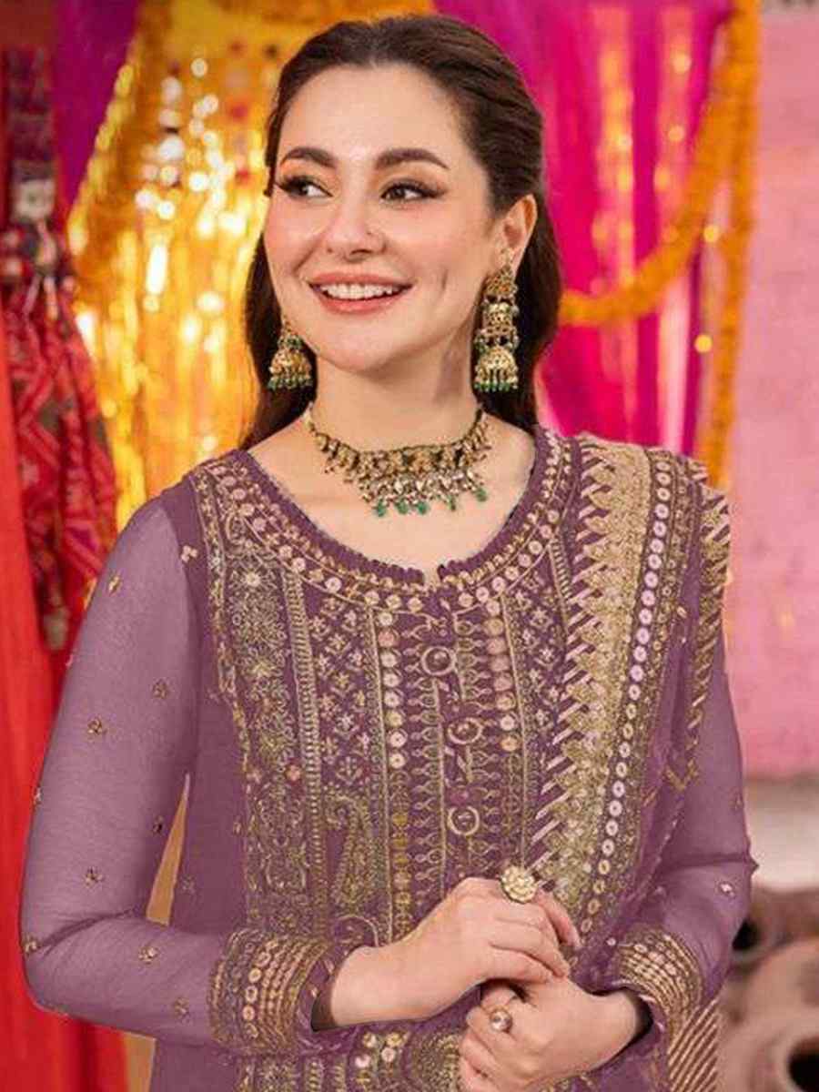 Lavender Heavy Faux Georgette Embroidered Festival Mehendi Pant Salwar Kameez