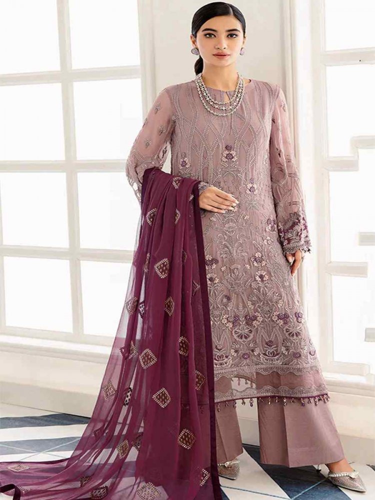 Lavender Heavy Faux Georgette Embroidered Festival Mehendi Pant Salwar Kameez