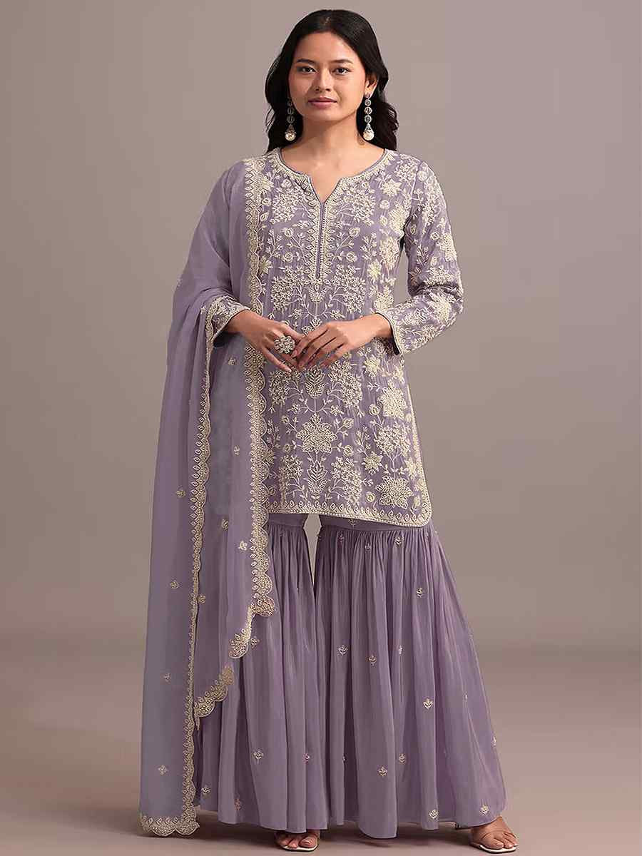 Lavender Heavy Faux Georgette Embroidered Festival Mehendi Sharara Pant Salwar Kameez