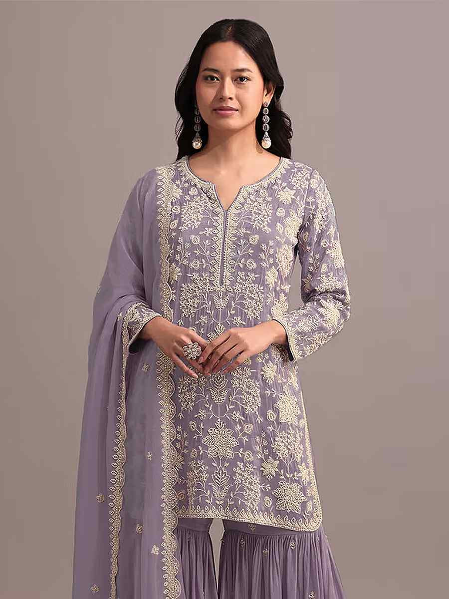 Lavender Heavy Faux Georgette Embroidered Festival Mehendi Sharara Pant Salwar Kameez