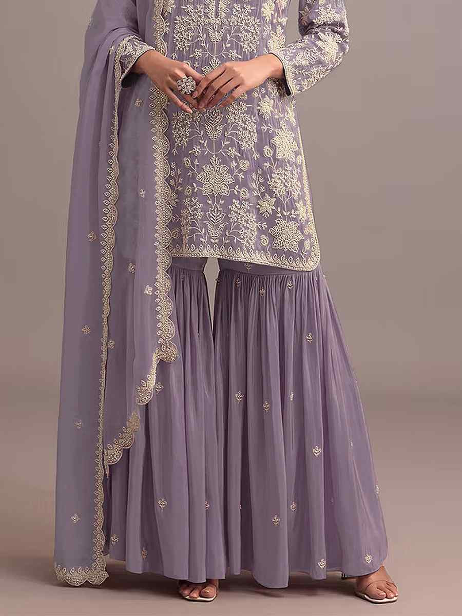 Lavender Heavy Faux Georgette Embroidered Festival Mehendi Sharara Pant Salwar Kameez