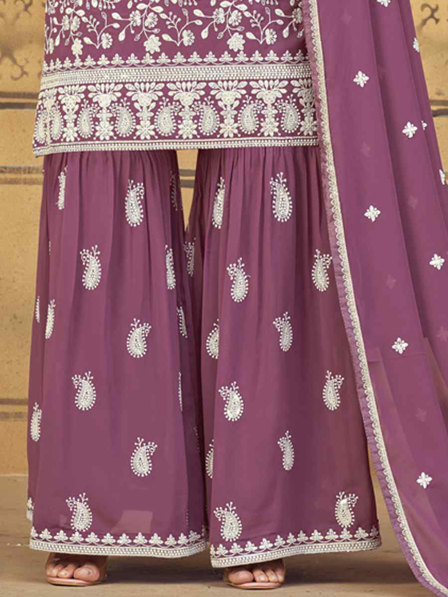 Lavender Heavy Faux Georgette Embroidered Festival Party Palazzo Pant Salwar Kameez