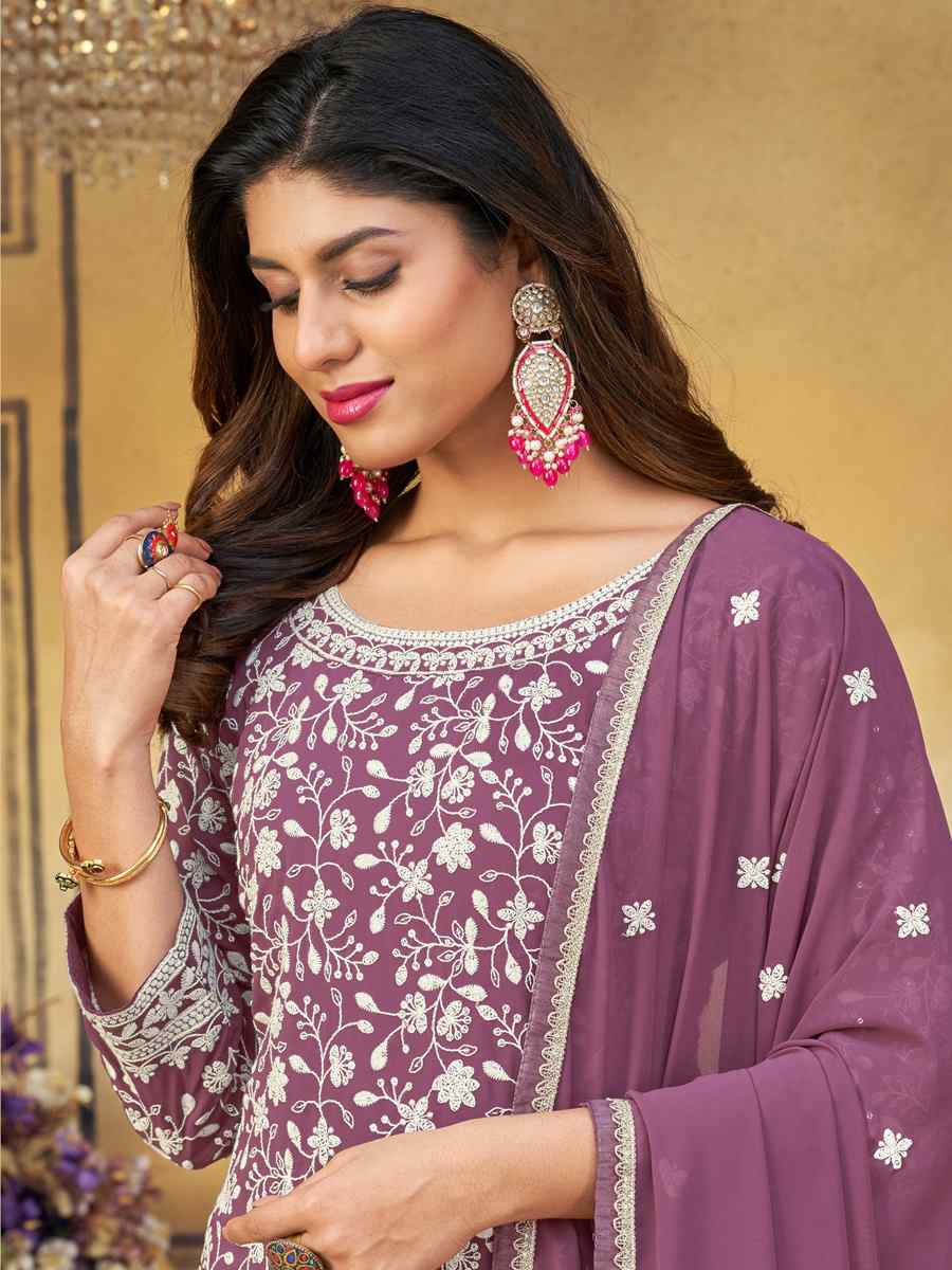 Lavender Heavy Faux Georgette Embroidered Festival Party Palazzo Pant Salwar Kameez