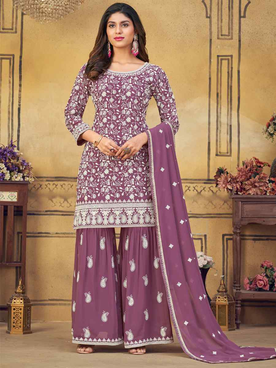 Lavender Heavy Faux Georgette Embroidered Festival Party Palazzo Pant Salwar Kameez